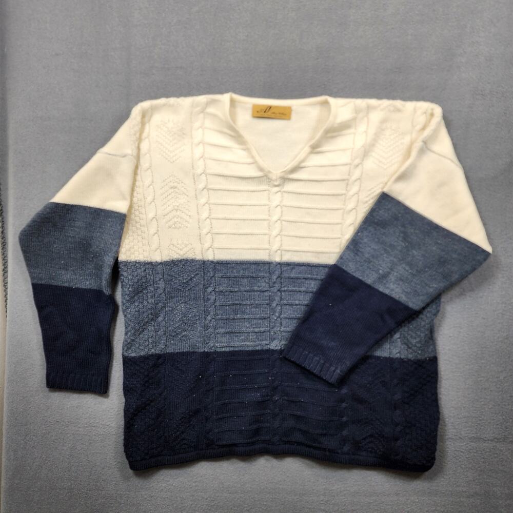 Vintage Alex Vellon AV Sweater Womens XL Cable Knit Blue White Colorblock Office